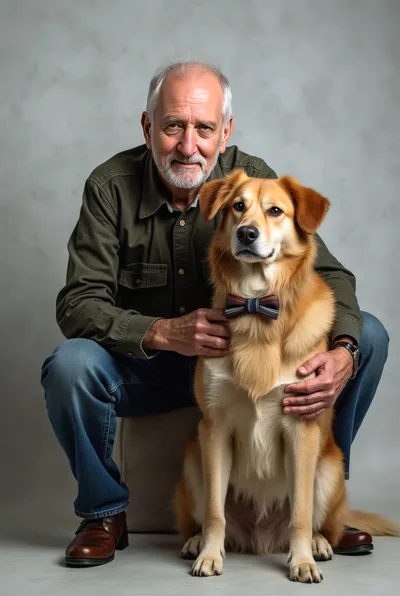 Senior Man Posing With His Golden Retriever Dog