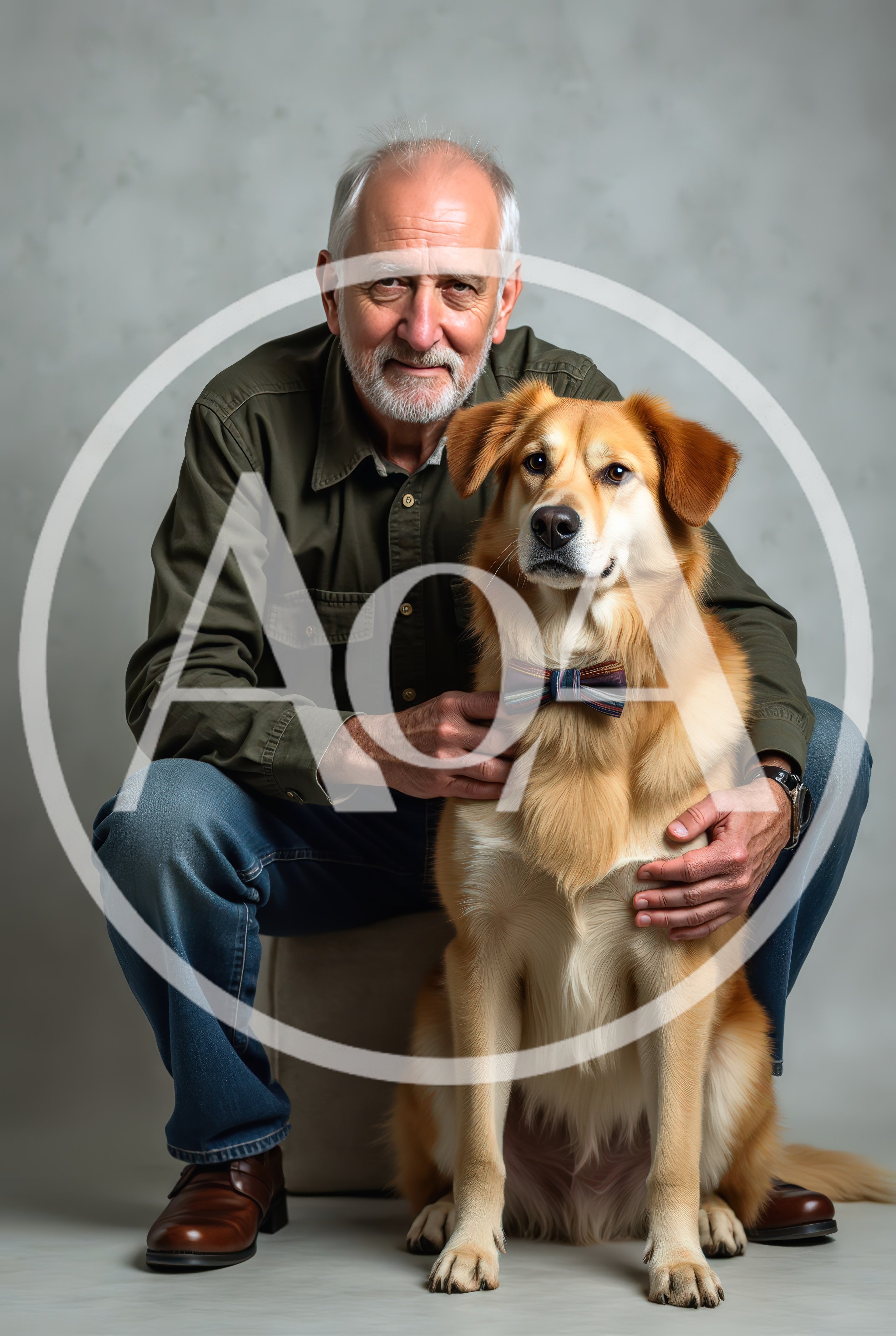 Senior Man Posing With His Golden Retriever Dog