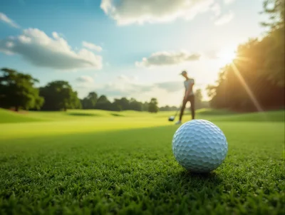 Golf Ball Resting On Green With Golfer In Background