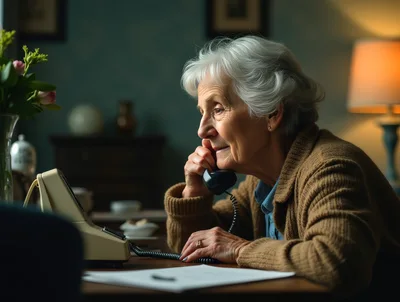 Elderly Woman Talking on Vintage Telephone at Home