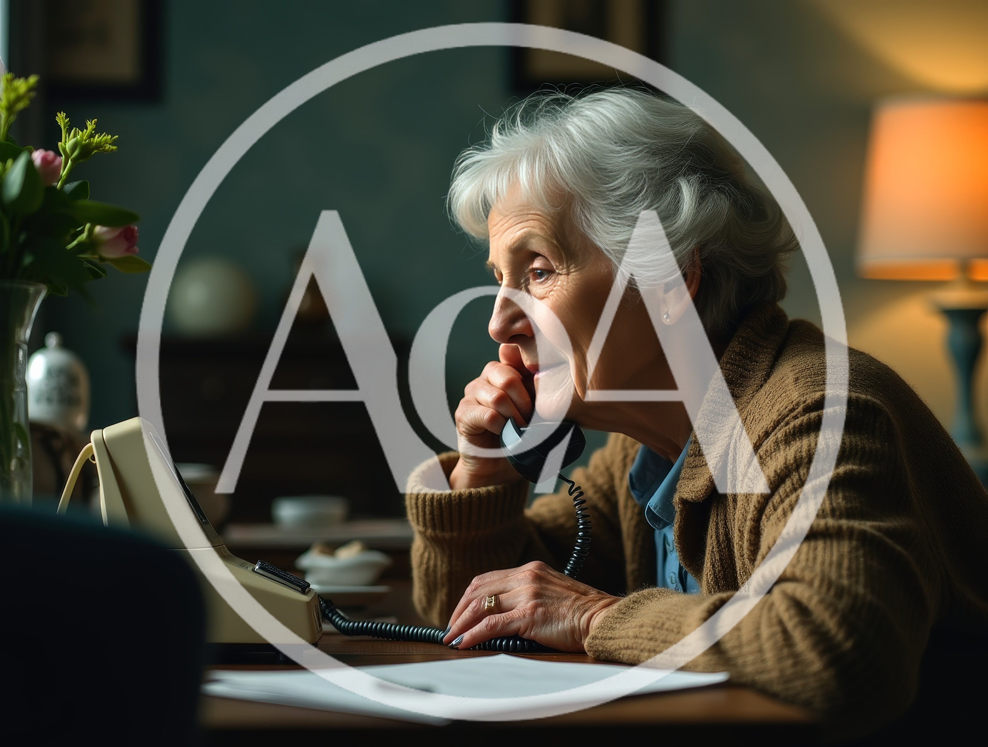 Elderly Woman Talking on Vintage Telephone at Home