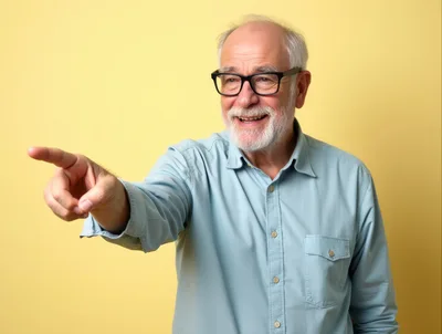 Senior Man Pointing Finger Against Yellow Background