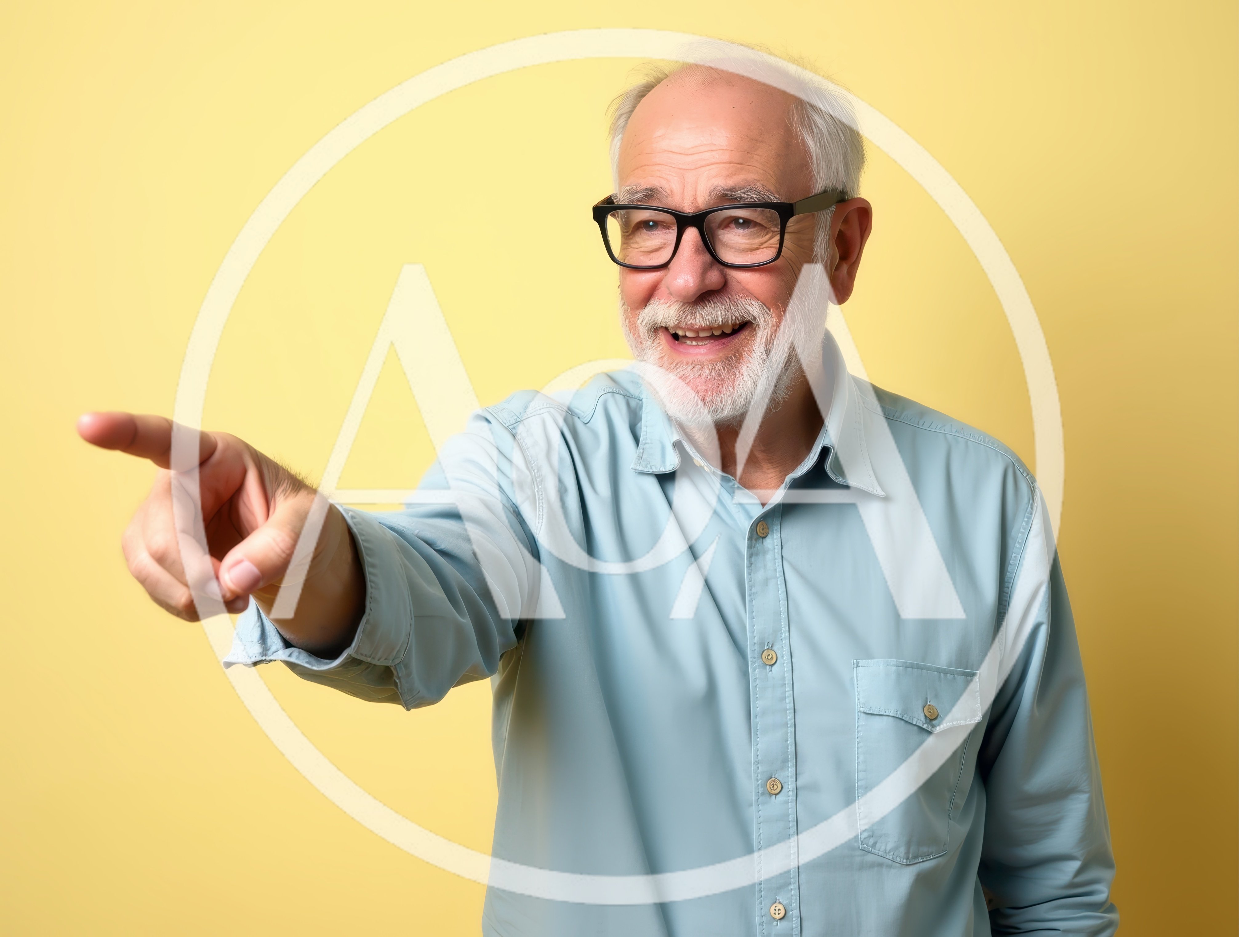 Senior Man Pointing Finger Against Yellow Background