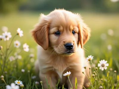 Adorable Golden Retriever Puppy Sitting In A Daisy Field