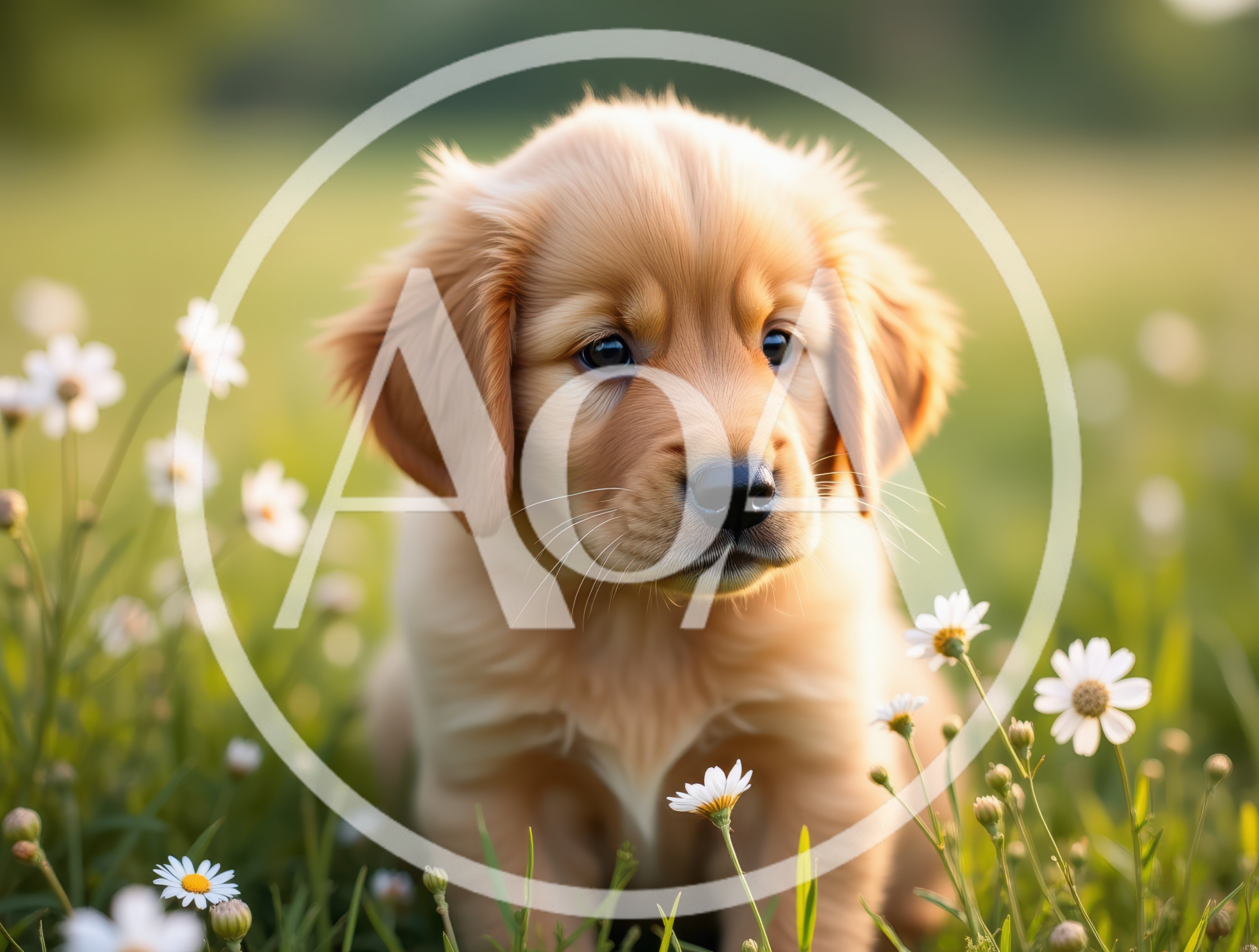 Adorable Golden Retriever Puppy Sitting In A Daisy Field