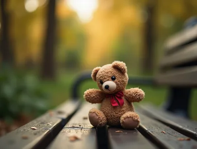 Small Brown Teddy Bear Sitting On A Park Bench