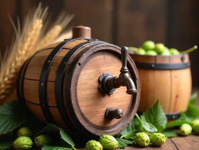 Wooden Beer Barrel With Hops And Wheat
