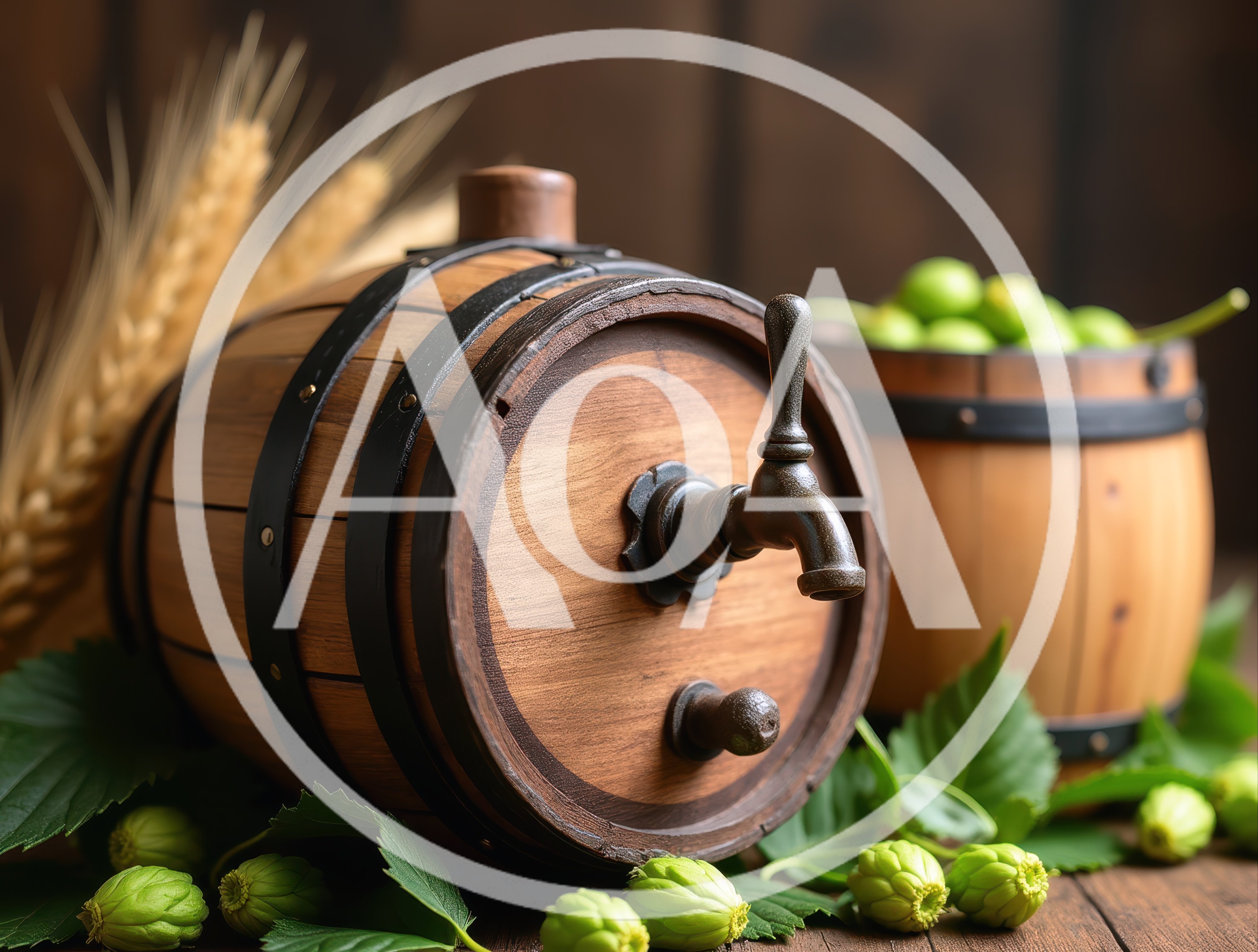 Wooden Beer Barrel With Hops And Wheat