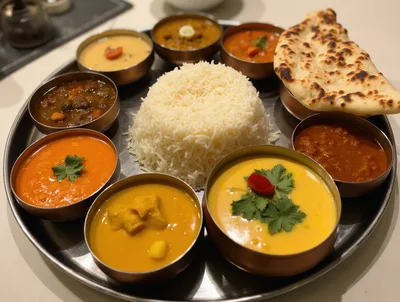 Traditional Indian Thali Platter With Rice And Curries