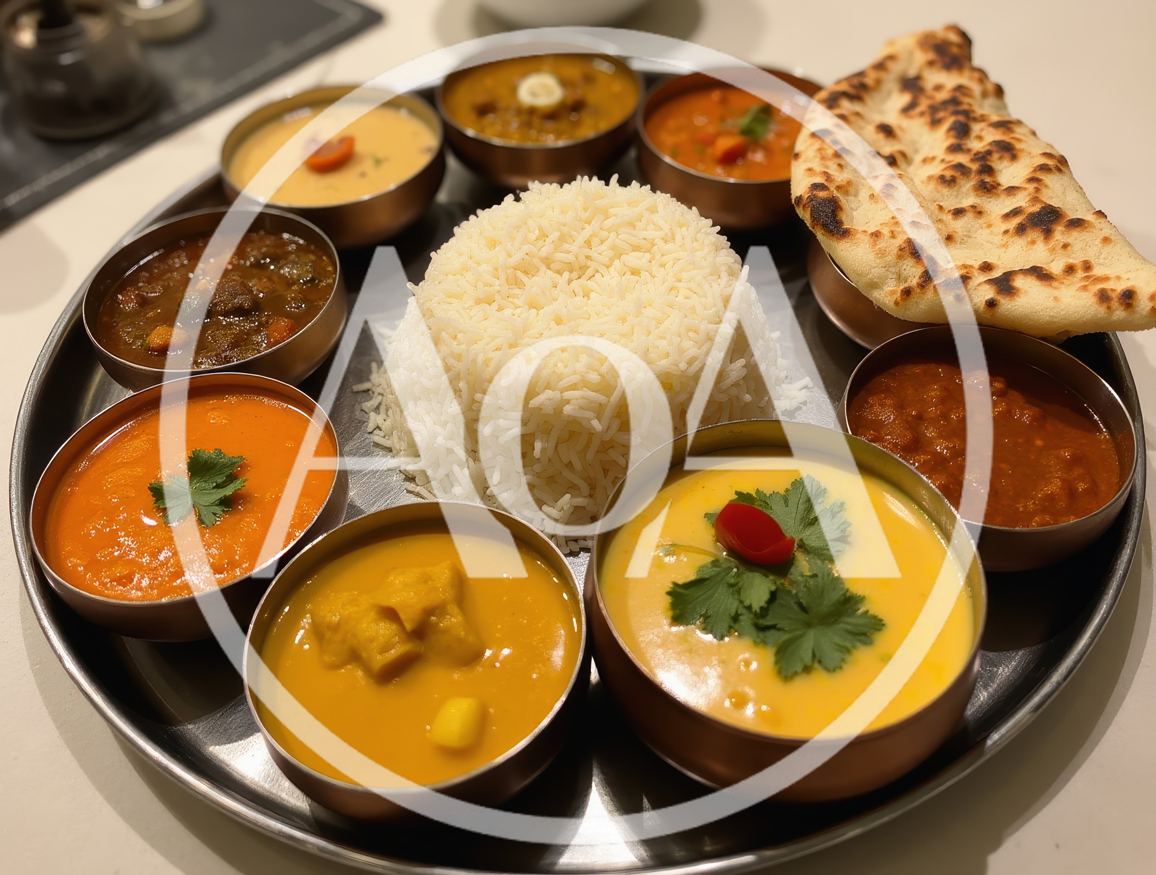 Traditional Indian Thali Platter With Rice And Curries