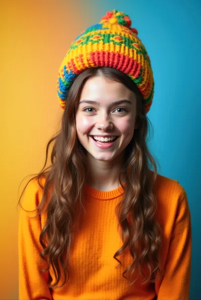 Smiling Young Woman Wearing Colorful Knit Beanie