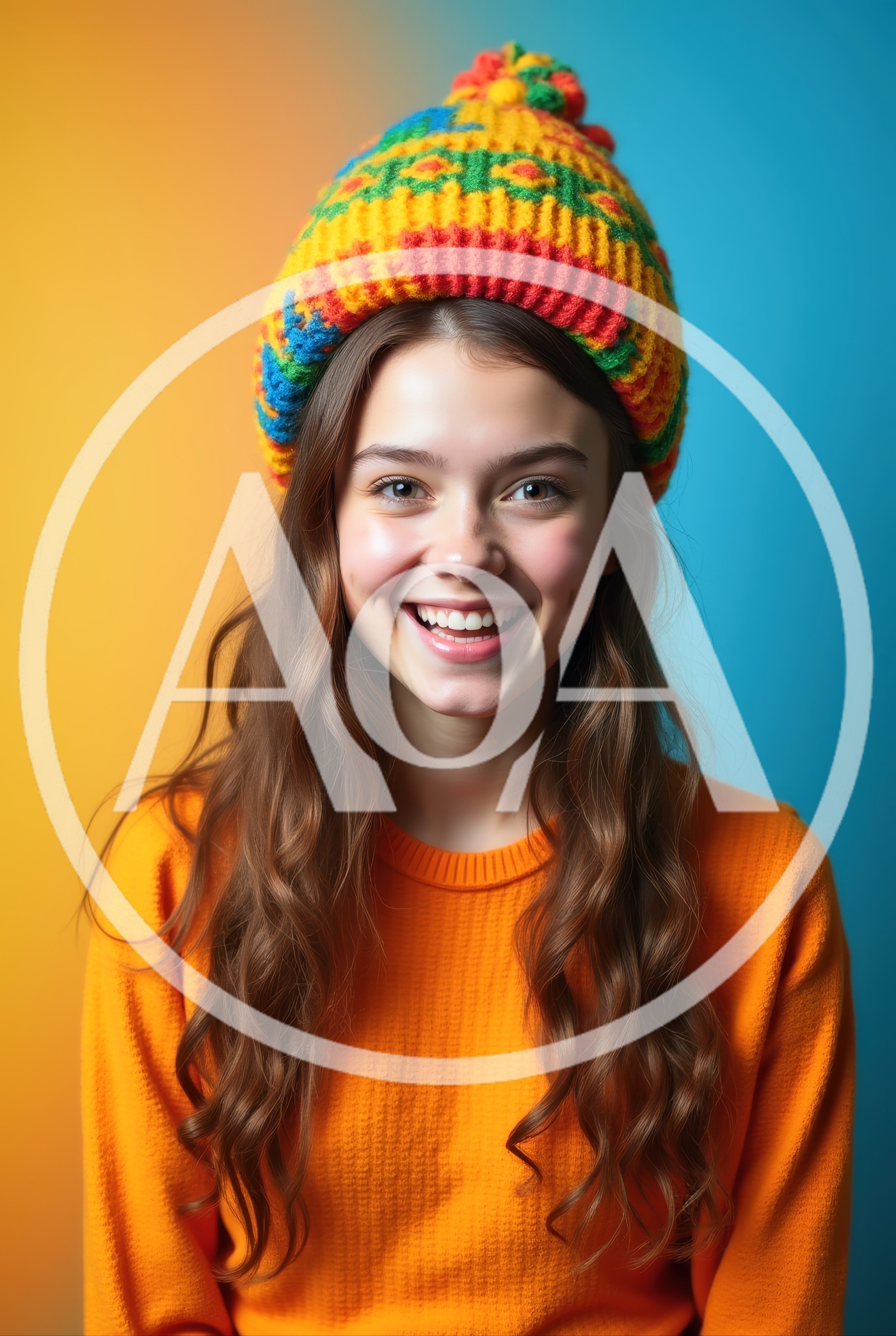 Smiling Young Woman Wearing Colorful Knit Beanie