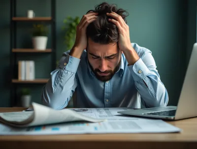 Stressed Businessman Working At Desk With Documents