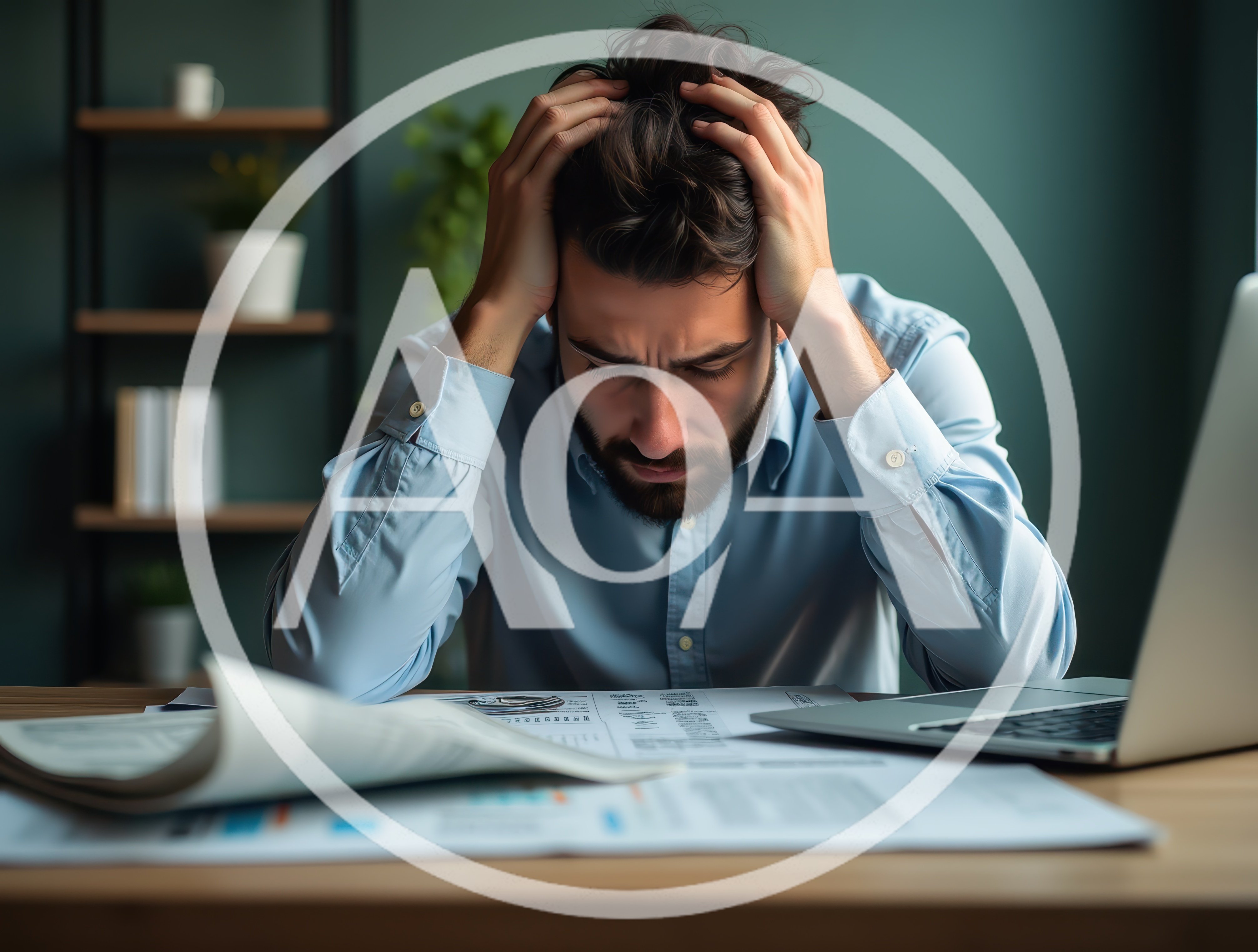 Stressed Businessman Working At Desk With Documents