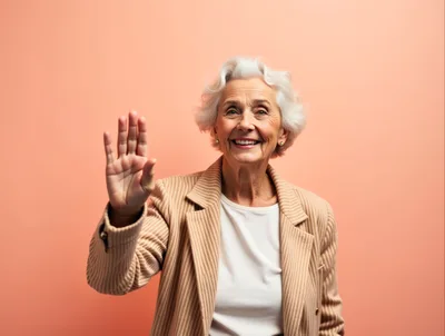 Smiling Senior Woman Waving Hello Against Peach Background