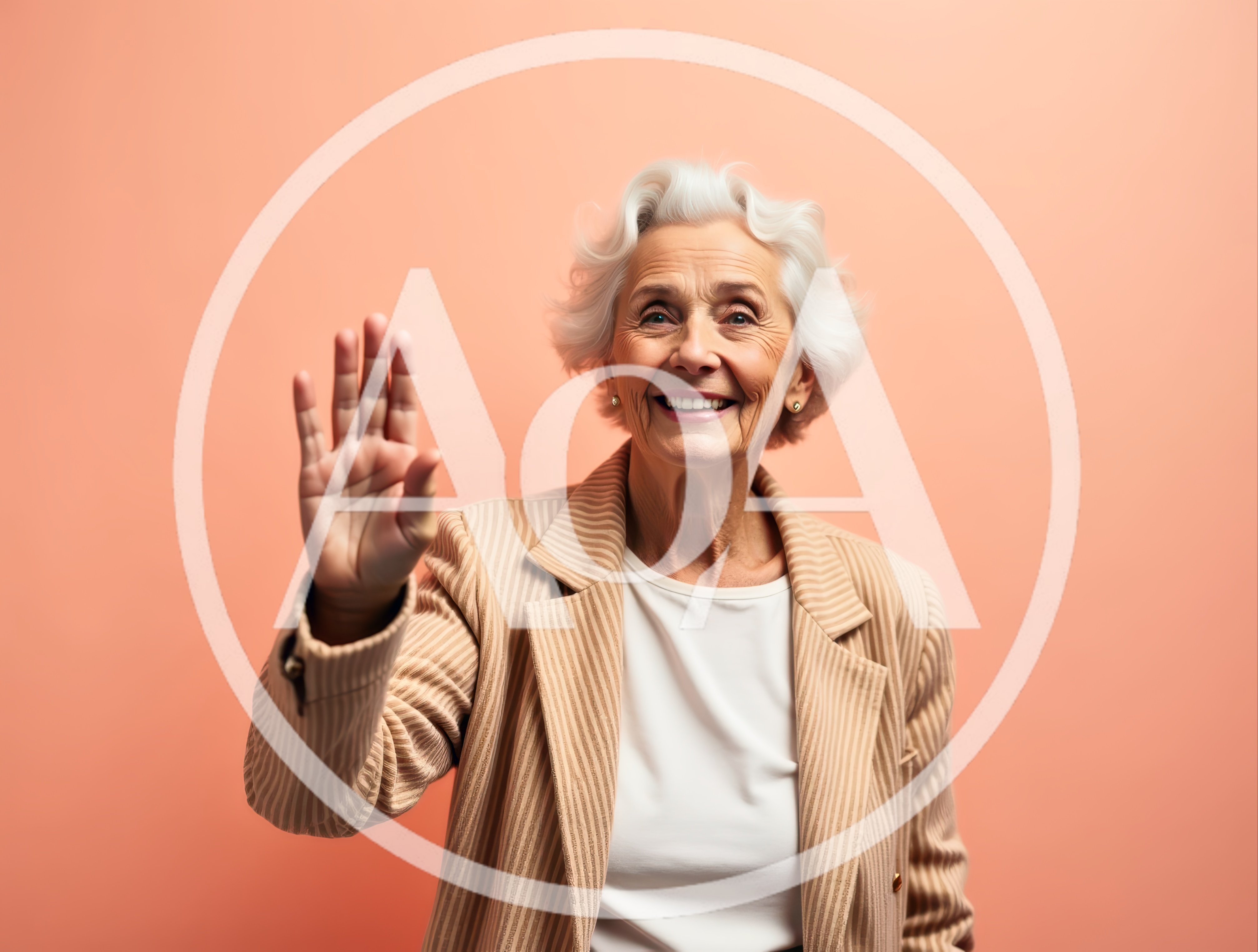 Smiling Senior Woman Waving Hello Against Peach Background