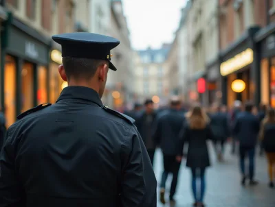Police Officer Patrolling A Busy European Shopping Street