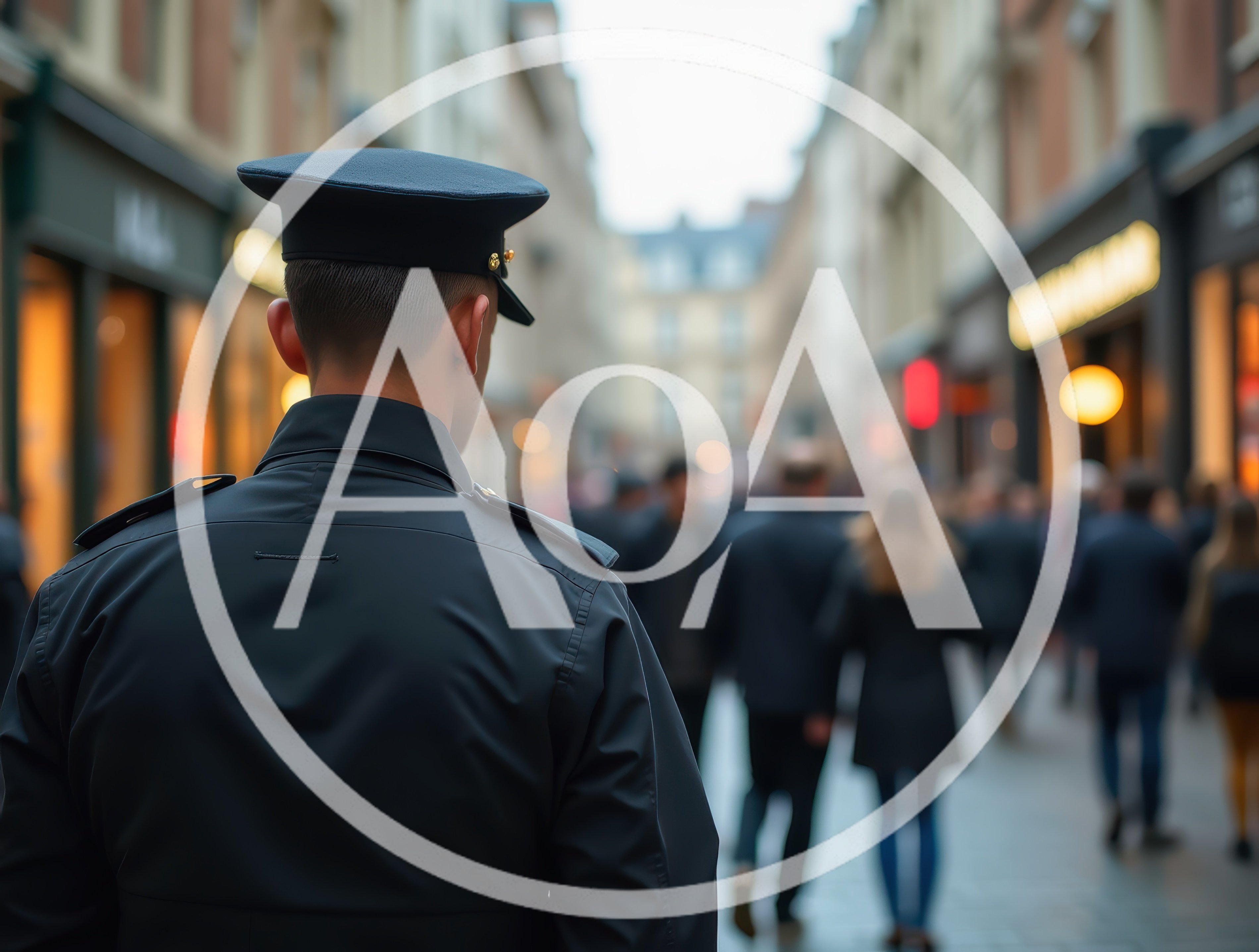Police Officer Patrolling A Busy European Shopping Street