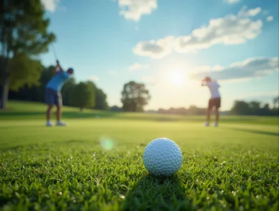 Golf Ball Resting On Green With Golfers In Background
