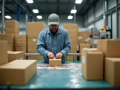 Warehouse Worker Sealing Cardboard Box On Conveyor Belt