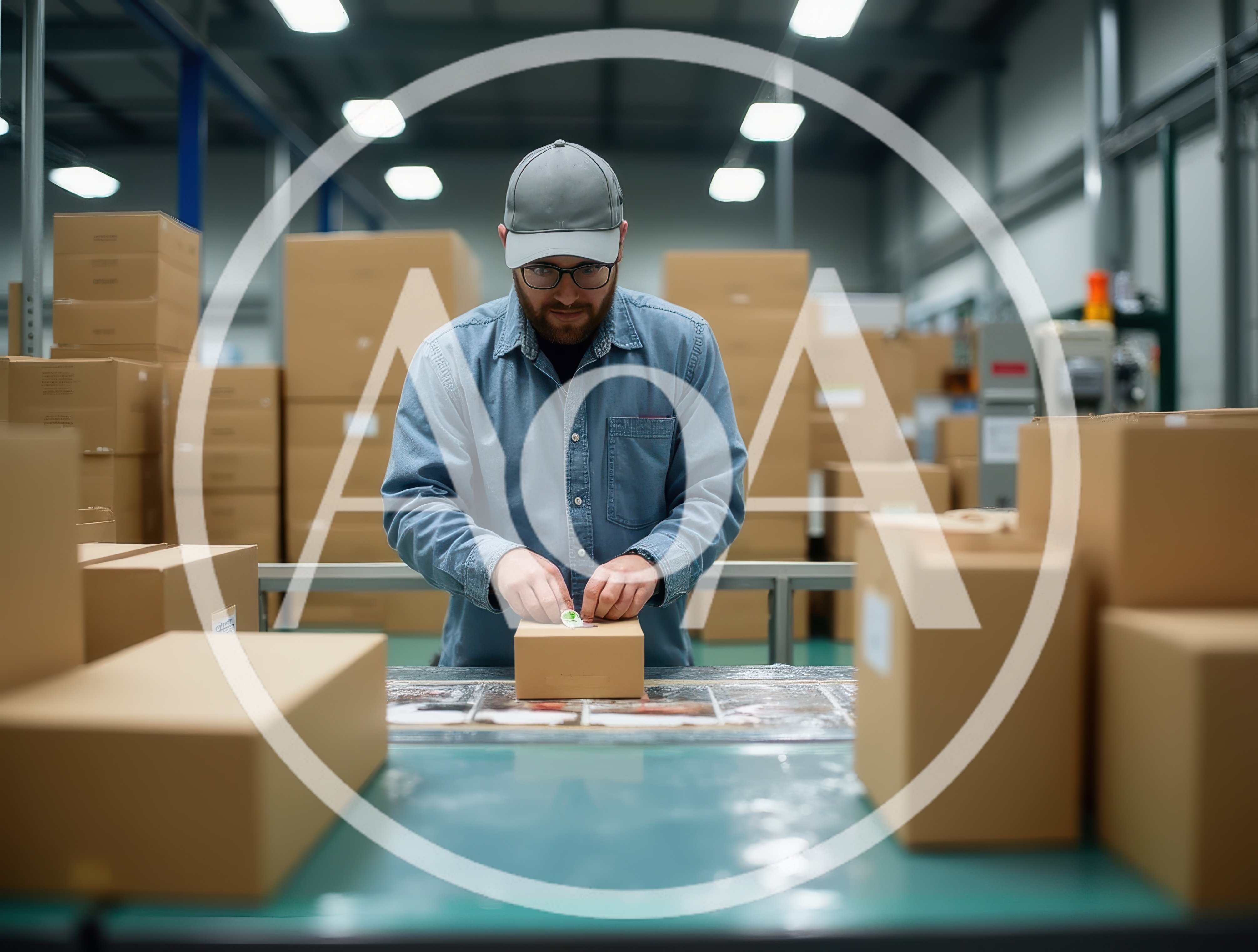 Warehouse Worker Sealing Cardboard Box On Conveyor Belt