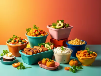 Assorted Bowls Of Gourmet Prepared Food Dishes