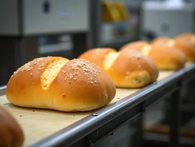Freshly Baked Bread Rolls on Industrial Conveyor Belt