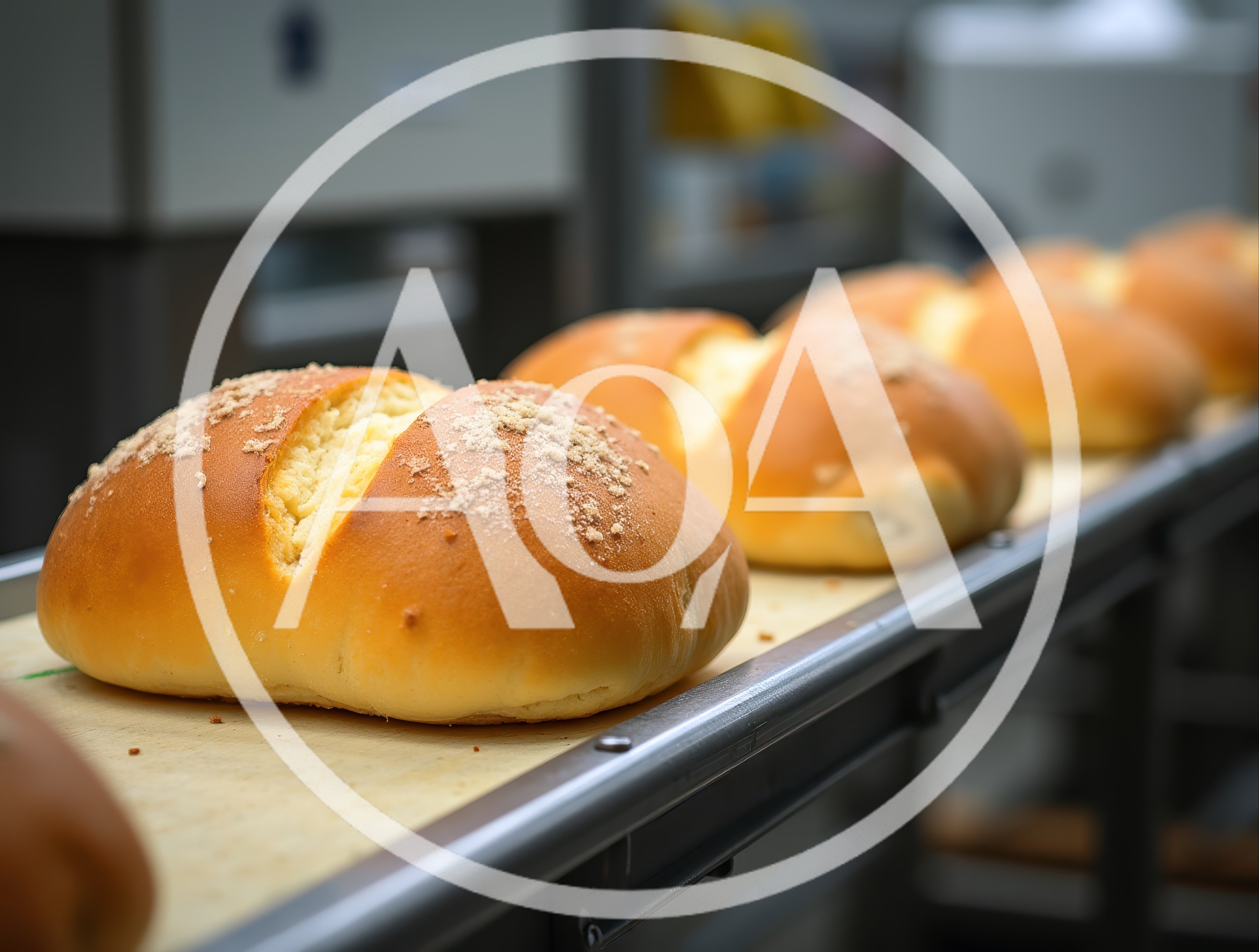 Freshly Baked Bread Rolls on Industrial Conveyor Belt
