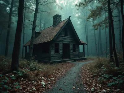 Abandoned Wooden Cabin In A Misty Forest