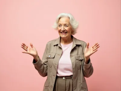 Happy Senior Woman Gesturing With Open Hands