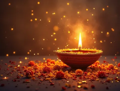 Lit Clay Diya Lamp With Floral Decorations