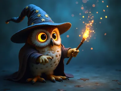 Cute Wizard Owl Casting Magic With Glowing Wand