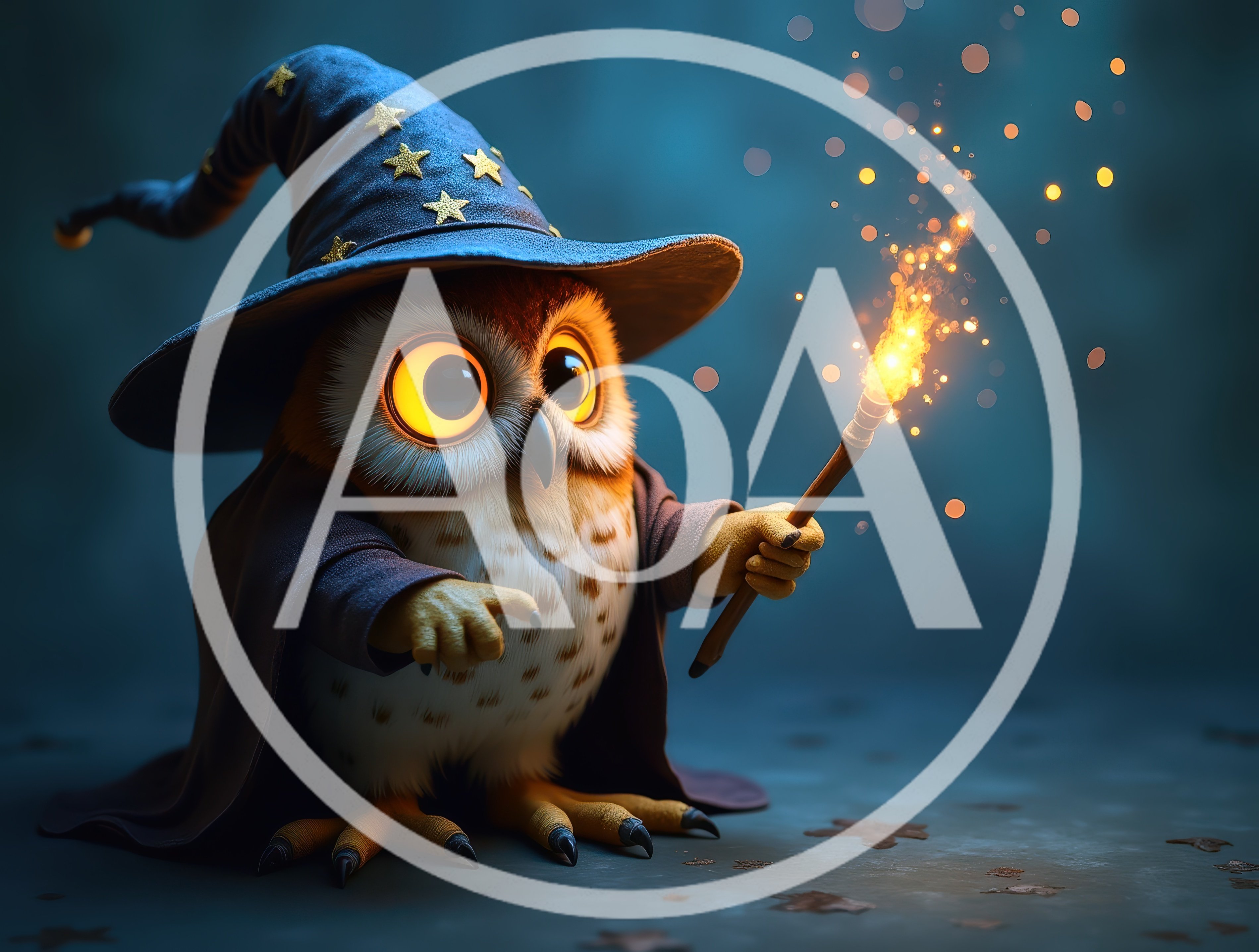 Cute Wizard Owl Casting Magic With Glowing Wand