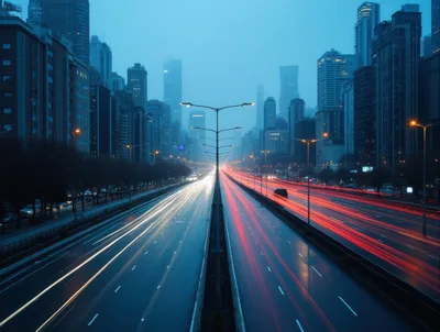 Long Exposure Traffic Trails on Urban Highway at Dusk