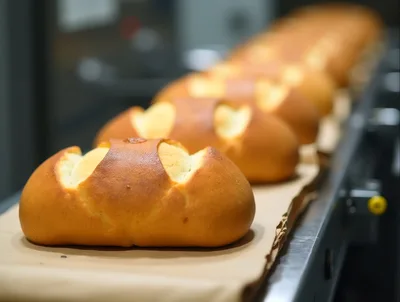 Freshly Baked Bread Loaves Moving Along Industrial Conveyor Belt