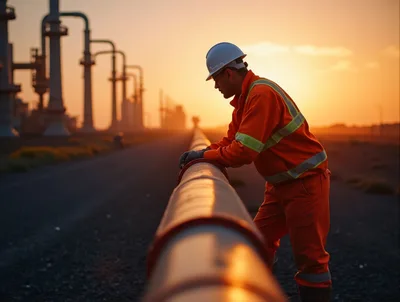 Oil Pipeline Worker Inspecting Infrastructure At Sunset