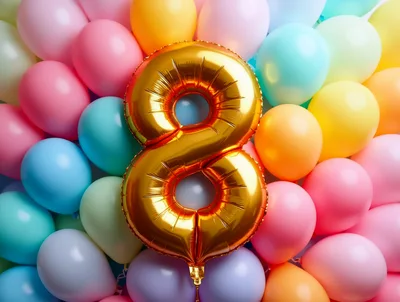 Gold Number Eight Balloon Surrounded by Pastel Balloons