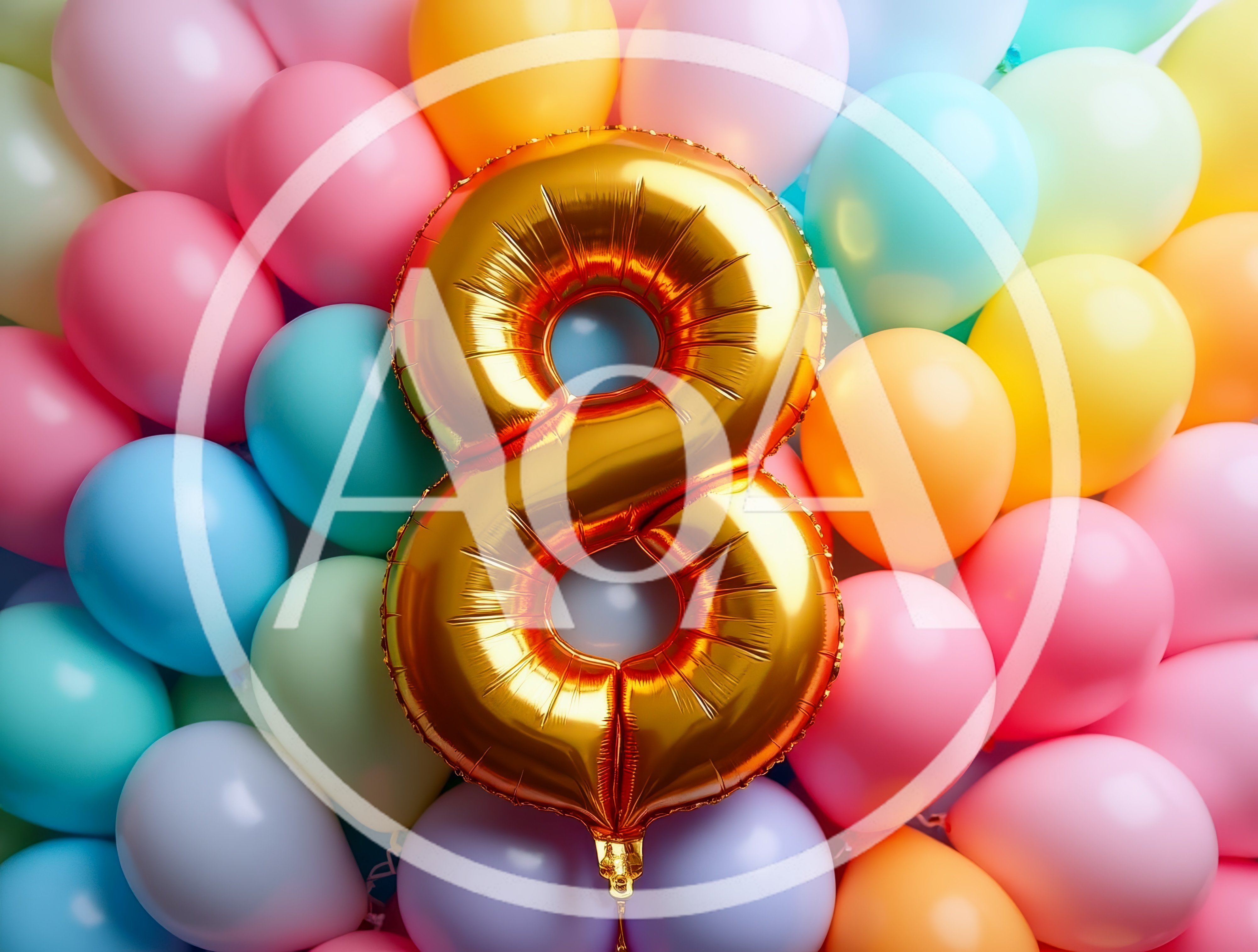 Gold Number Eight Balloon Surrounded by Pastel Balloons