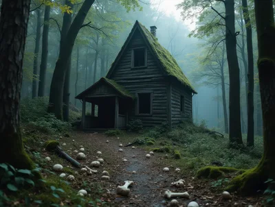 Abandoned Wooden Cabin In A Misty Haunted Forest