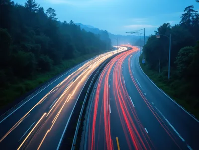 Long Exposure Light Trails On A Highway At Dusk