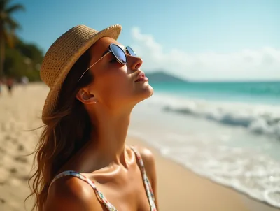Young Woman Wearing Straw Hat Relaxing On Tropical Beach