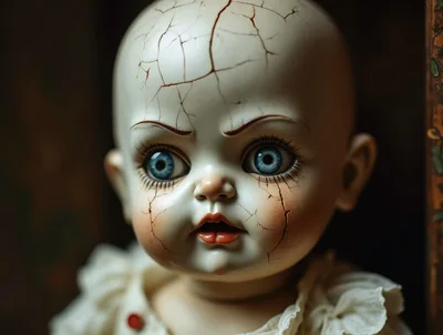 Creepy Cracked Porcelain Doll Face Close Up