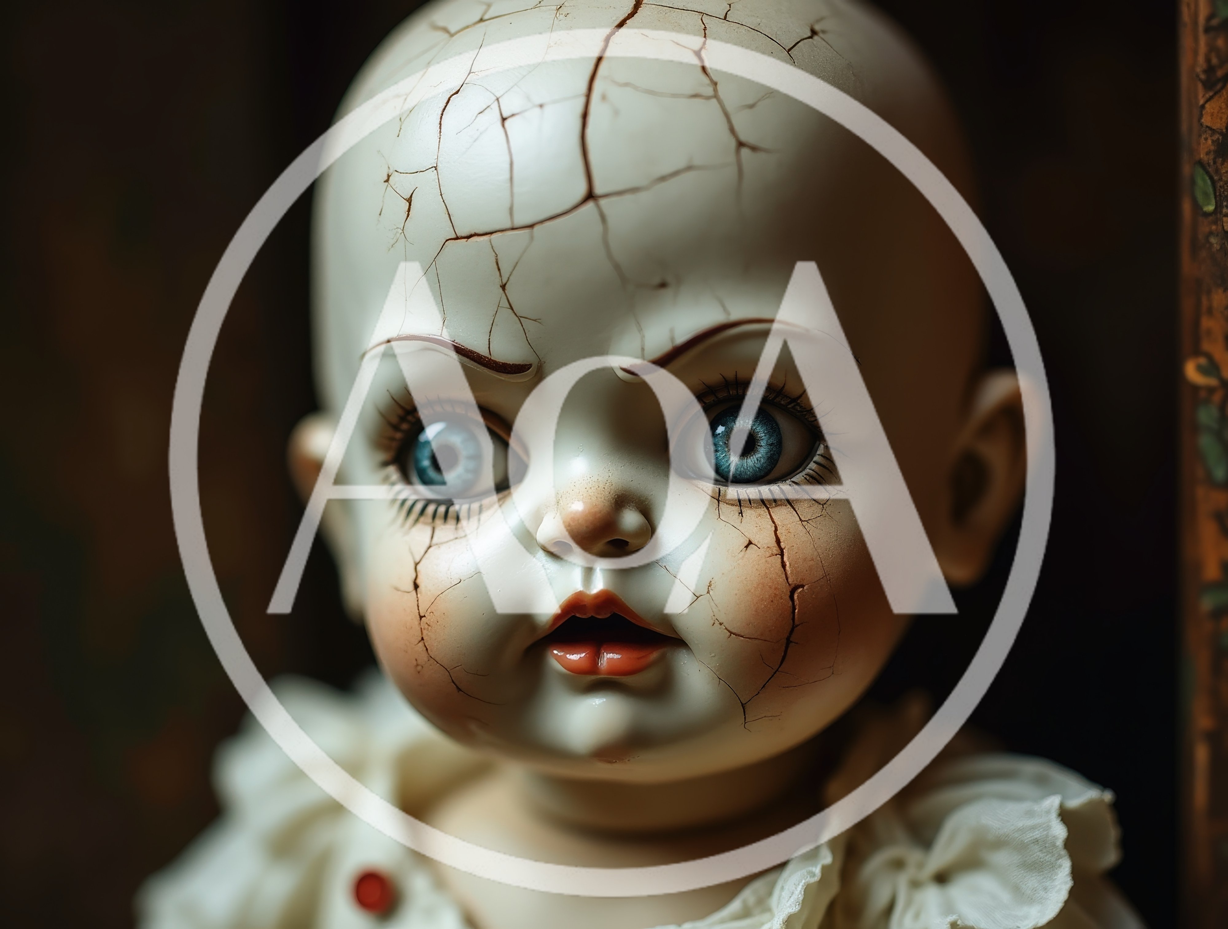 Creepy Cracked Porcelain Doll Face Close Up