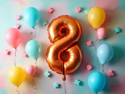 Gold Number Eight Balloon With Colorful Party Balloons