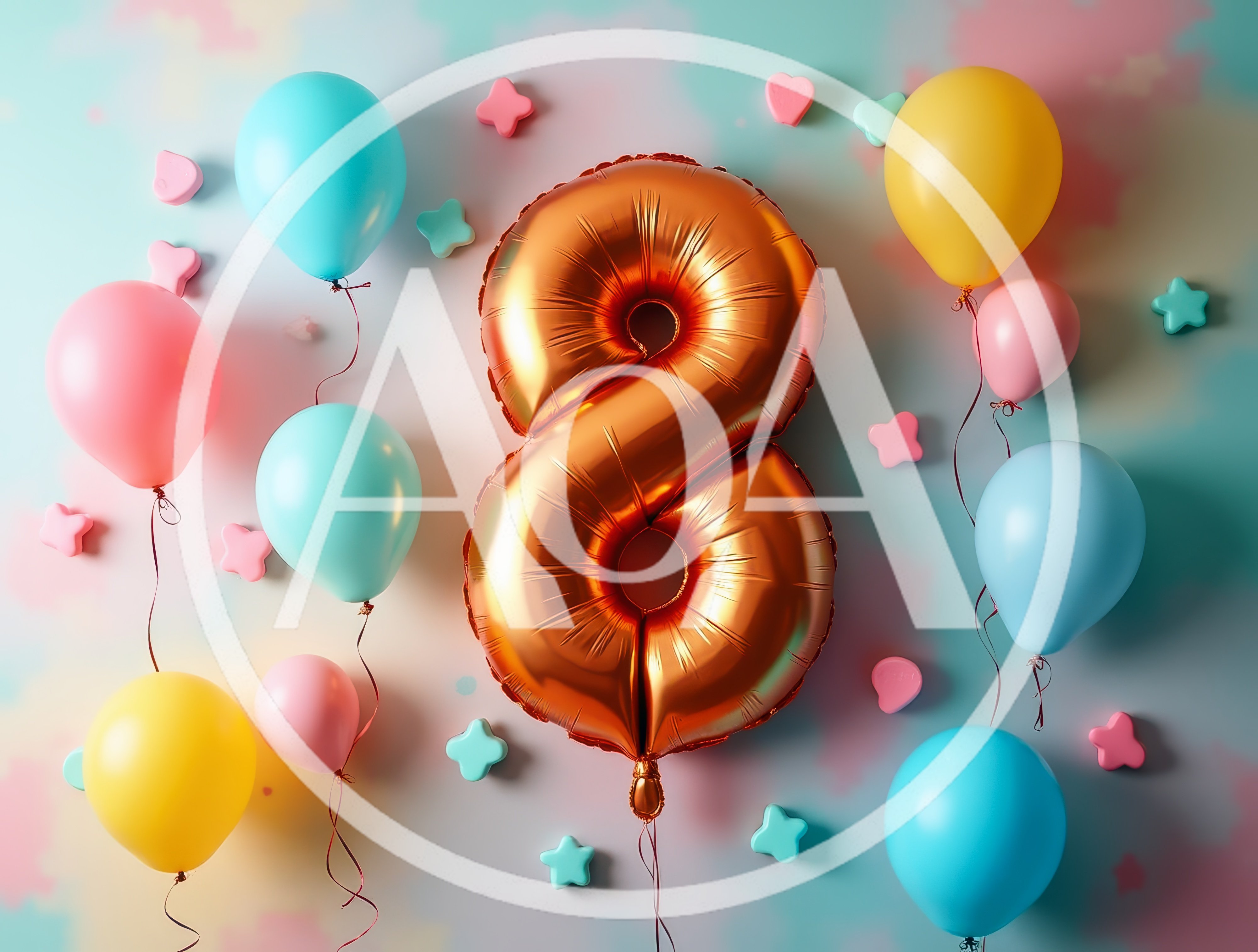 Gold Number Eight Balloon With Colorful Party Balloons
