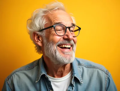 Happy Senior Man Laughing Against Yellow Background