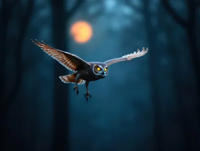 Great Horned Owl Flying Through Dark Forest