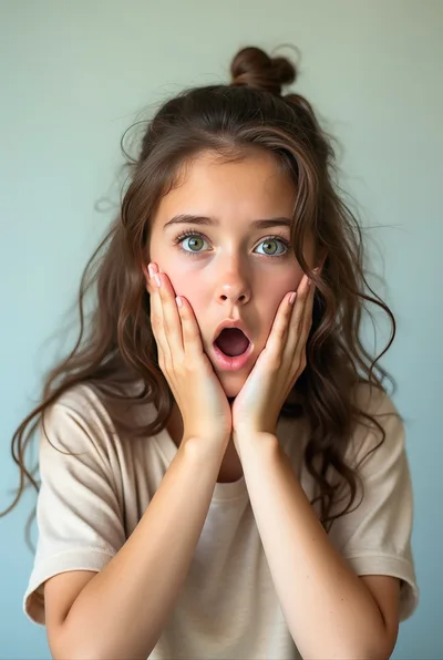 Surprised Young Woman With Hands On Her Cheeks