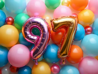 Number 97 Foil Balloons Surrounded By Colorful Party Balloons