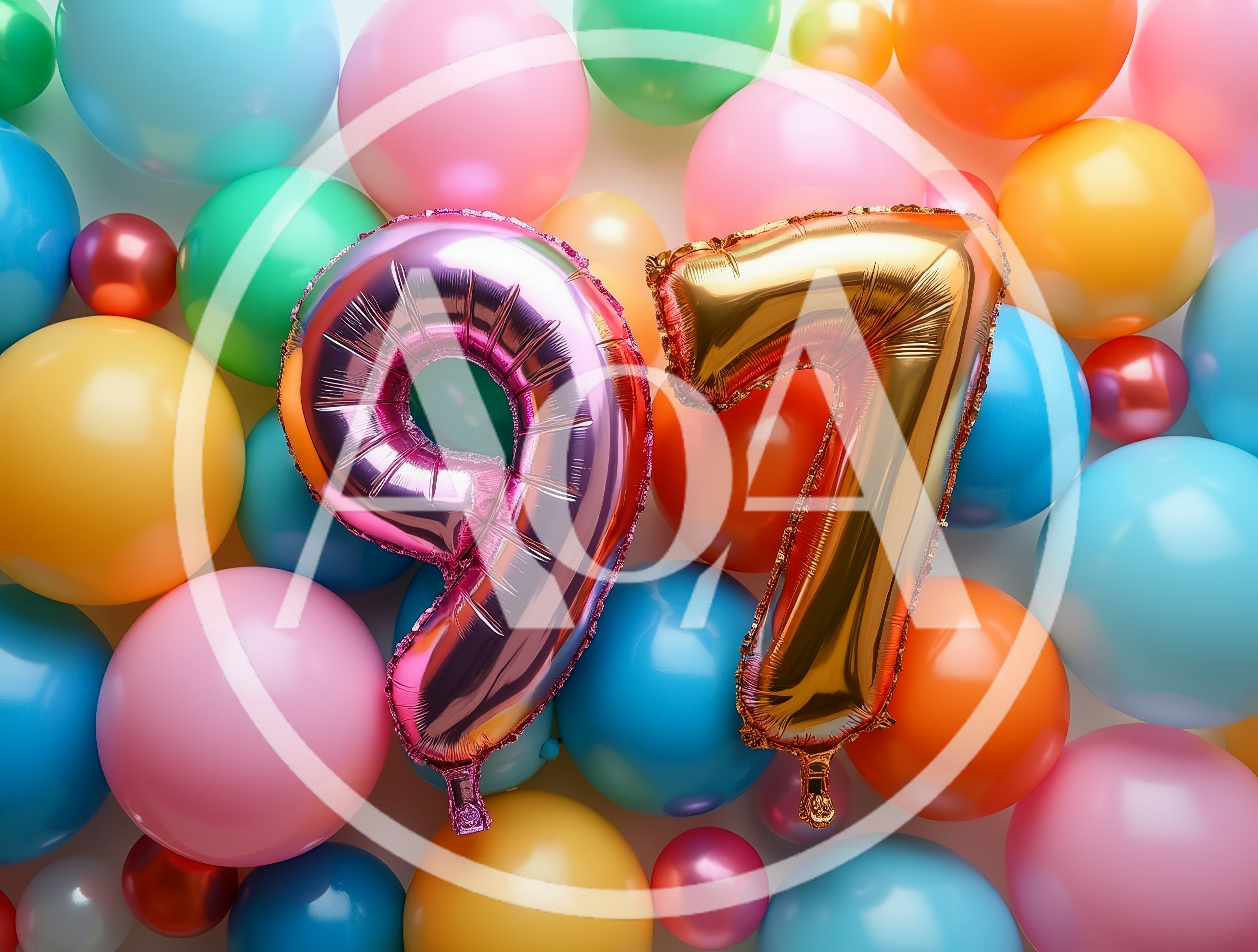 Number 97 Foil Balloons Surrounded By Colorful Party Balloons